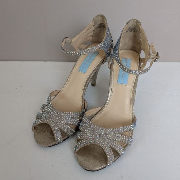 Betsey Johnson Blue Sweet Rhinestone Pumps – Size 6 Gold Heels – 3" Bridal Dress - Picture 1 of 13